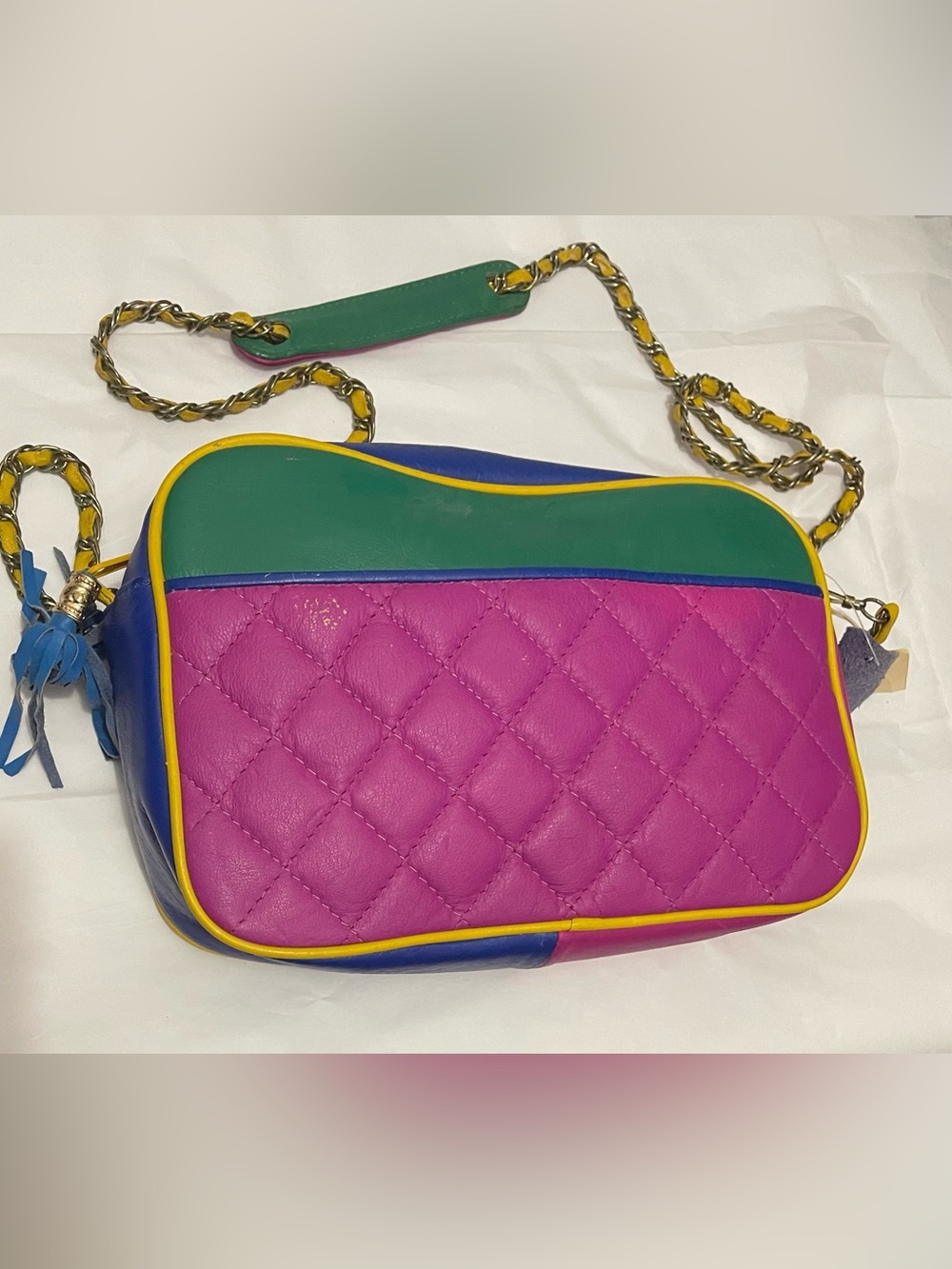Vintage Pink Multi Color Genuine Leather Vintage 90โs Quilted Crossbody Bag